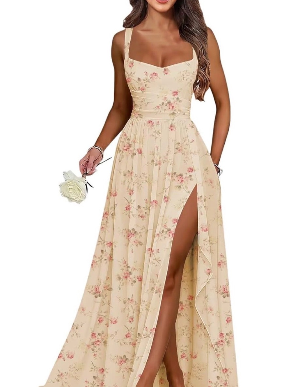 Floral Square-Neck Cream Maxi Dress with Side Slit